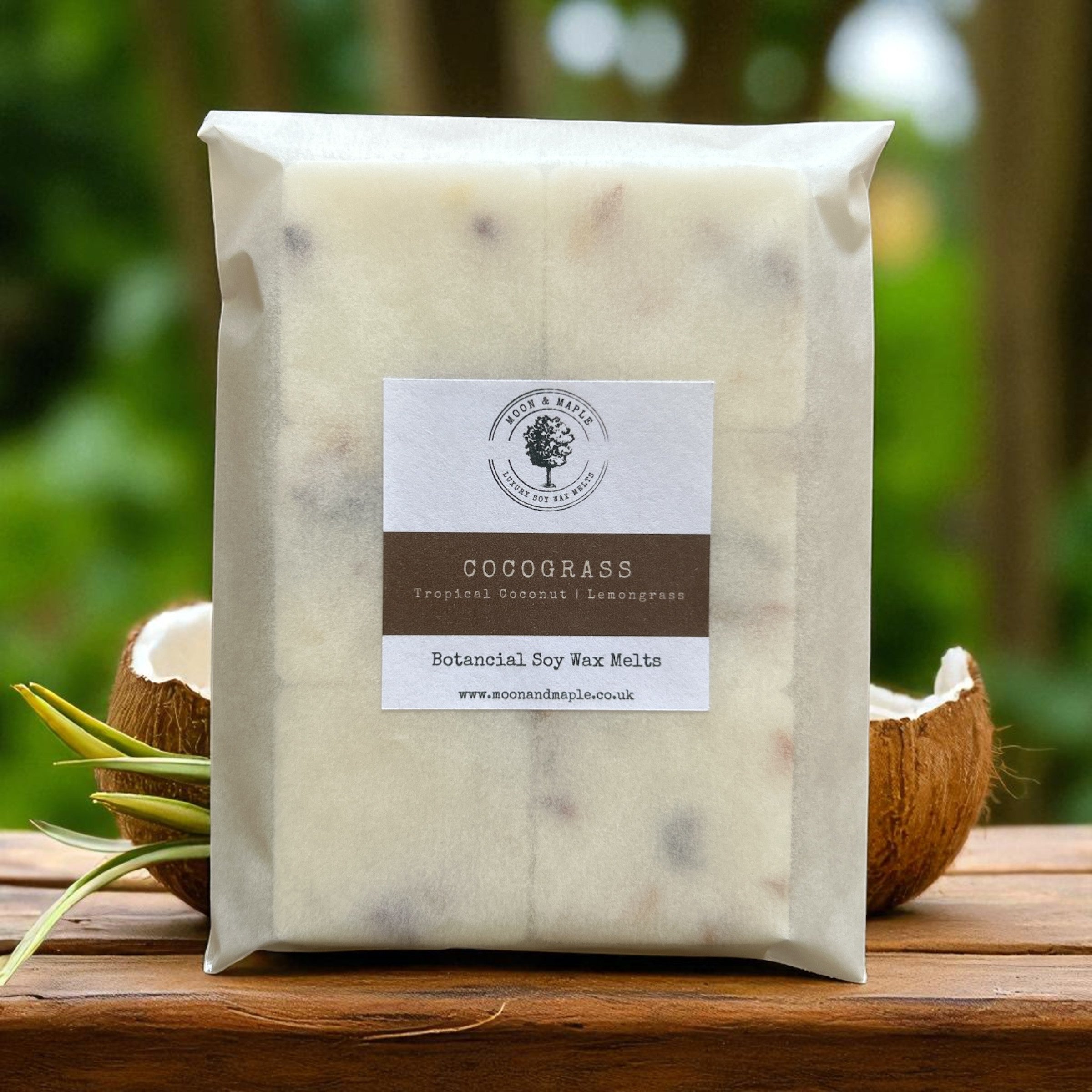 Packaged product with a label on a wooden surface and natural background