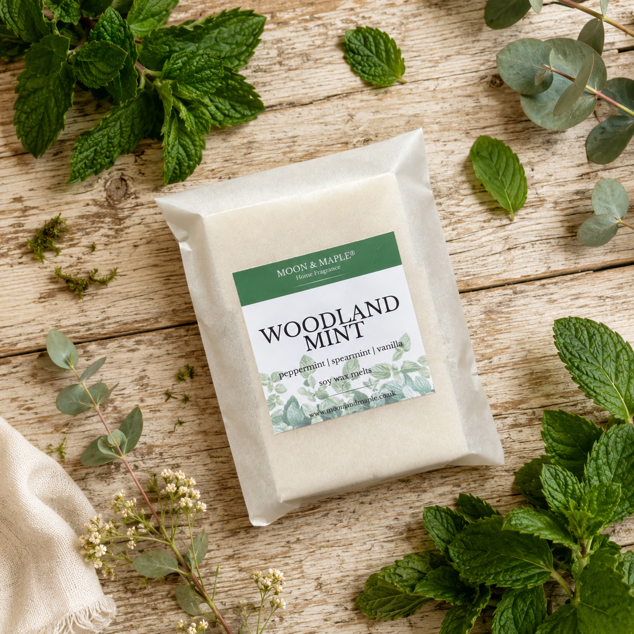 Packaged wax melts labeled 'Woodland Mint' on a wooden surface with mint leaves.