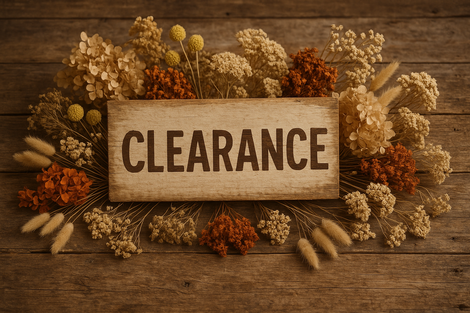 A rustic wooden table with a rustic sign which says Clearance. Surrounded by dried flowers