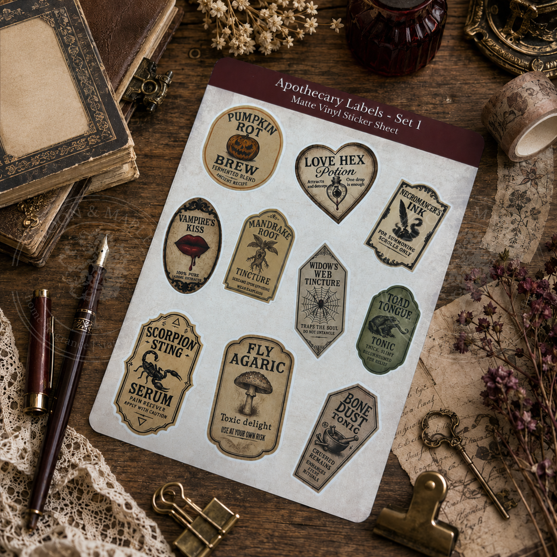 Sheet of apothecary labels on a rustic wooden surface with vintage items.