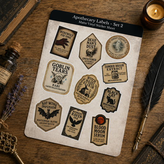 Sheet of apothecary labels on a wooden surface with bottles, a candle, and a feather.