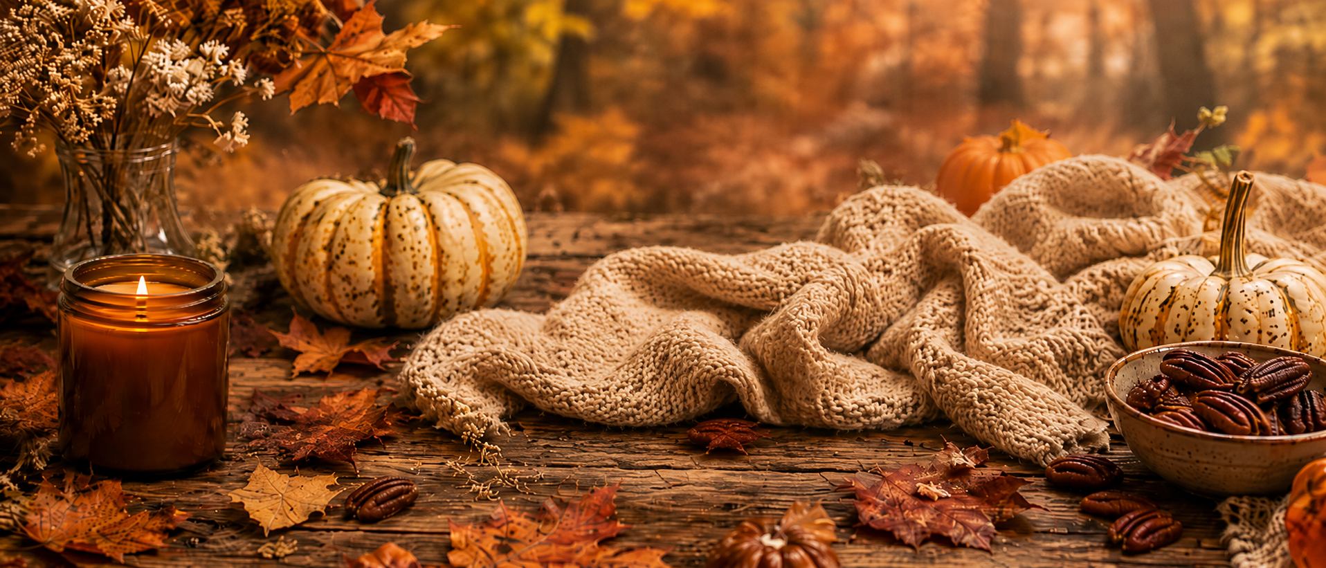 An autumn-themed tabletop scene with a knitted beige throw blanket, small pumpkins, scattered fall leaves, a lit candle in a glass jar, and a bowl of pecans, set against a blurred forest backdrop.