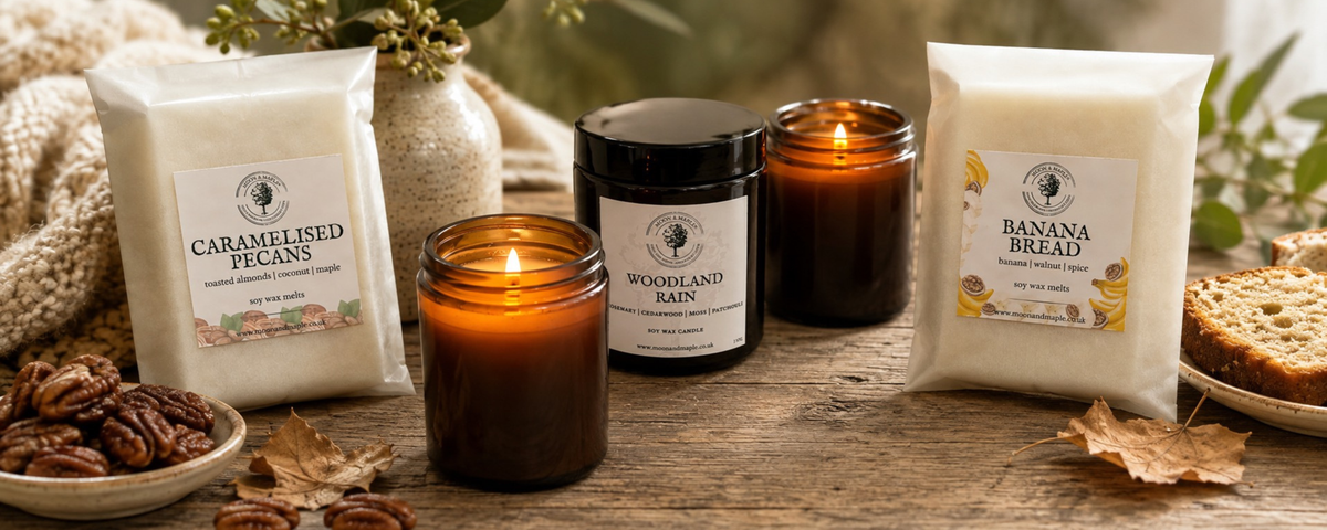 Candles and wax melts on a styled Autumn table