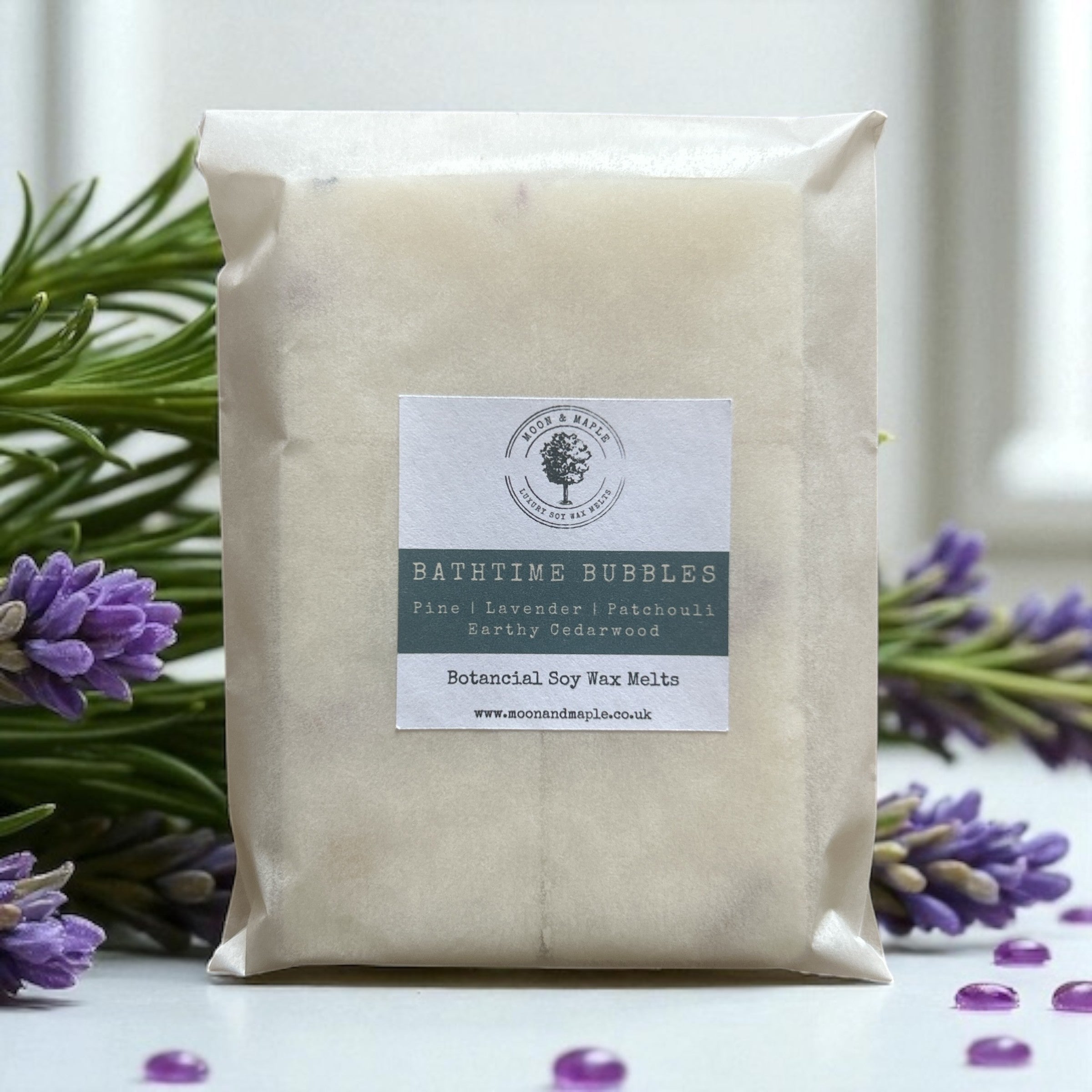 Pack of Bathtime Bubbles with lavender flowers in the background