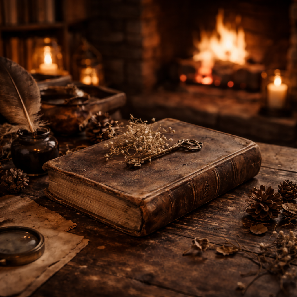 Vintage book with a key on a wooden table in front of a fireplace