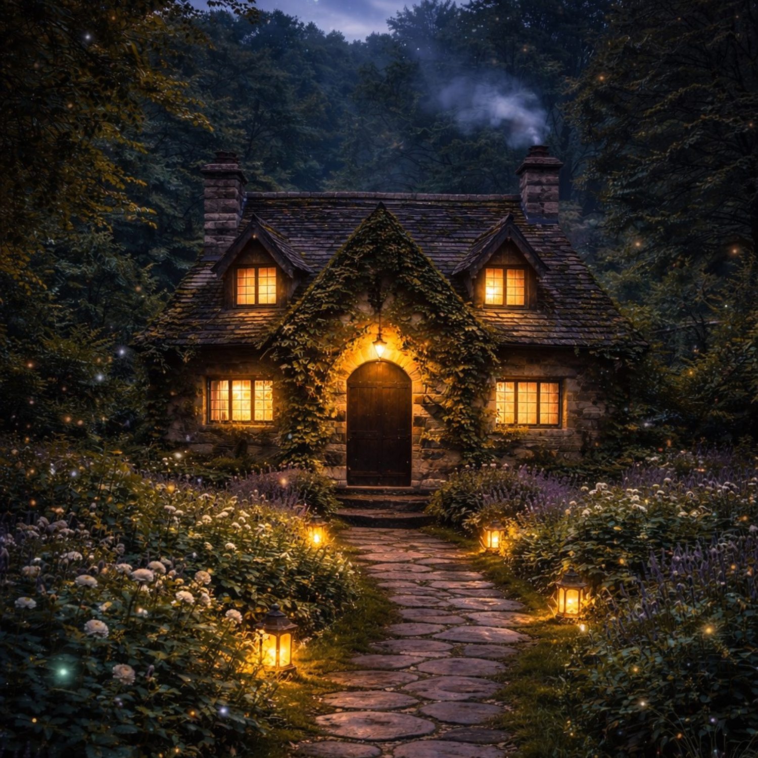 Stone house with glowing windows and lanterns in a forest at night.