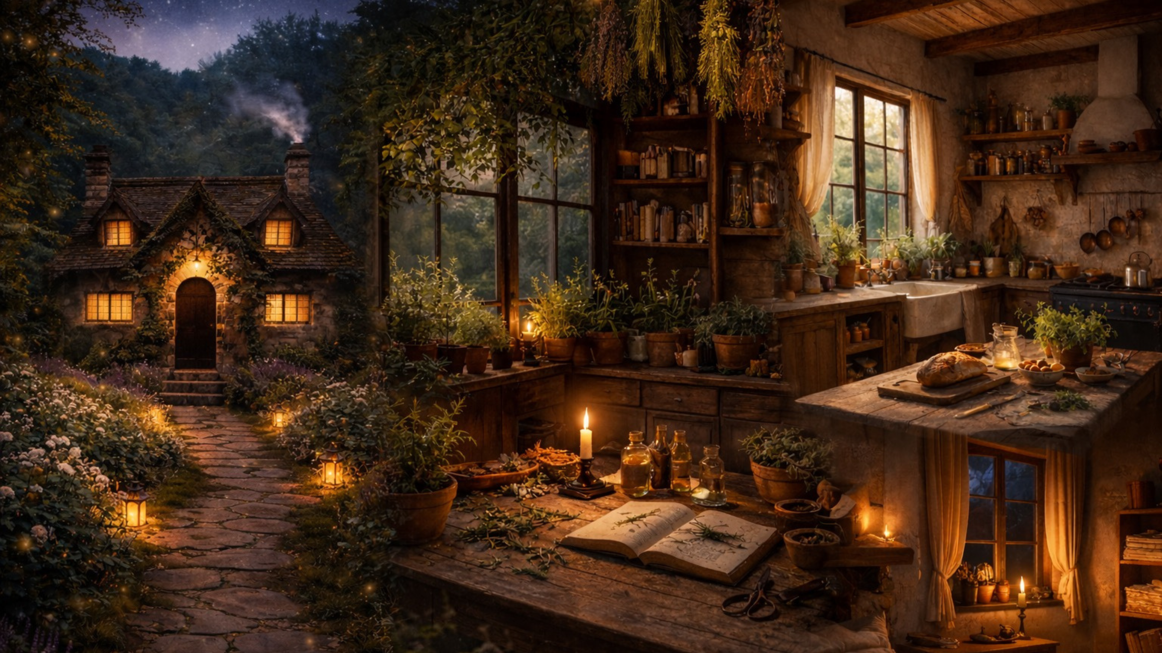Cosy kitchen with wooden table, candles, and a stone house in the background