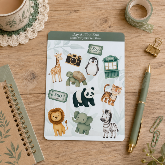 Sheet of animal stickers labeled 'Day At The Zoo' on a wooden surface with stationery items.