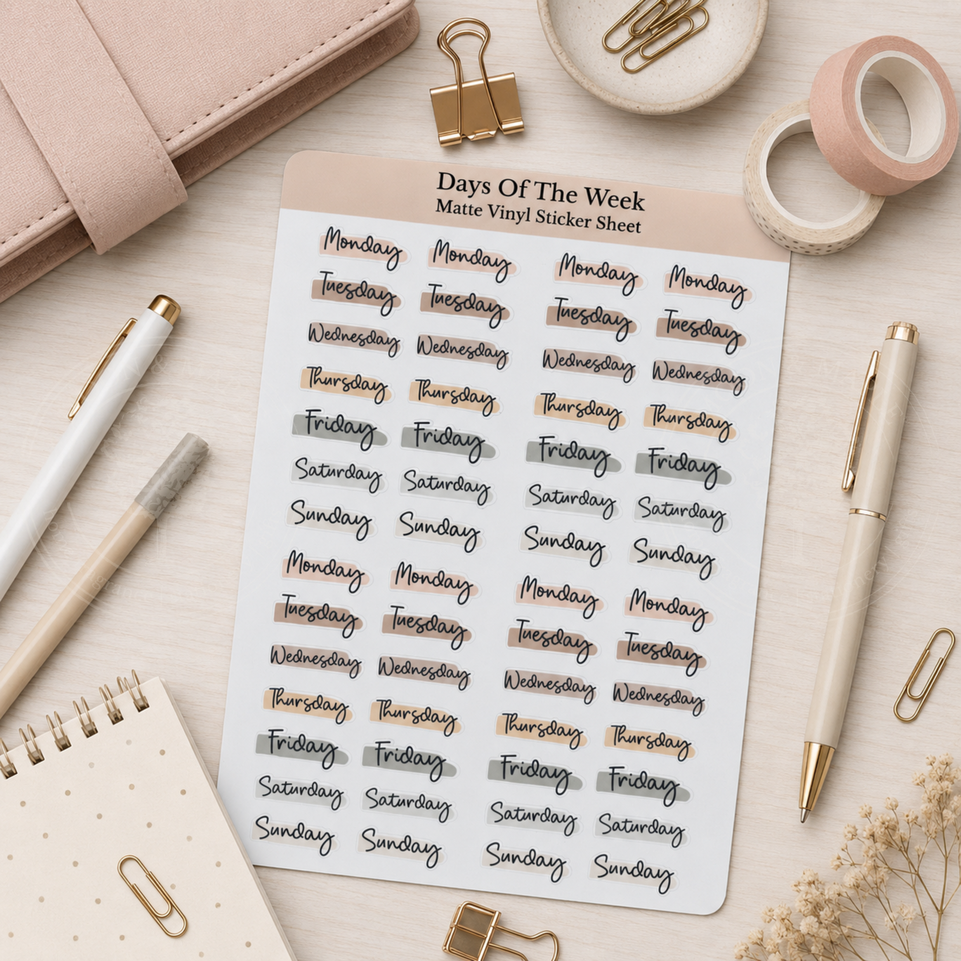 Sheet of days of the week stickers on a desk with stationery items.