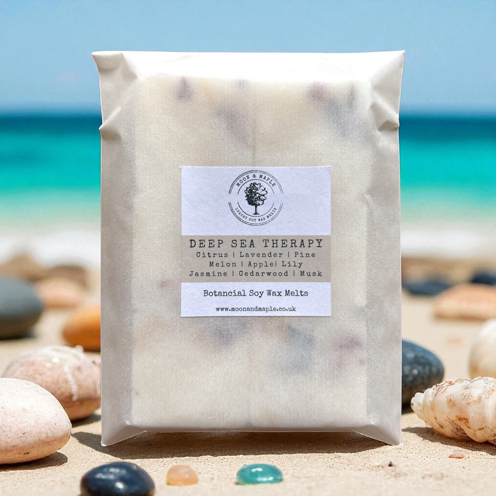 Pack of Deep Sea Therapy wax melts on a beach with ocean in the background