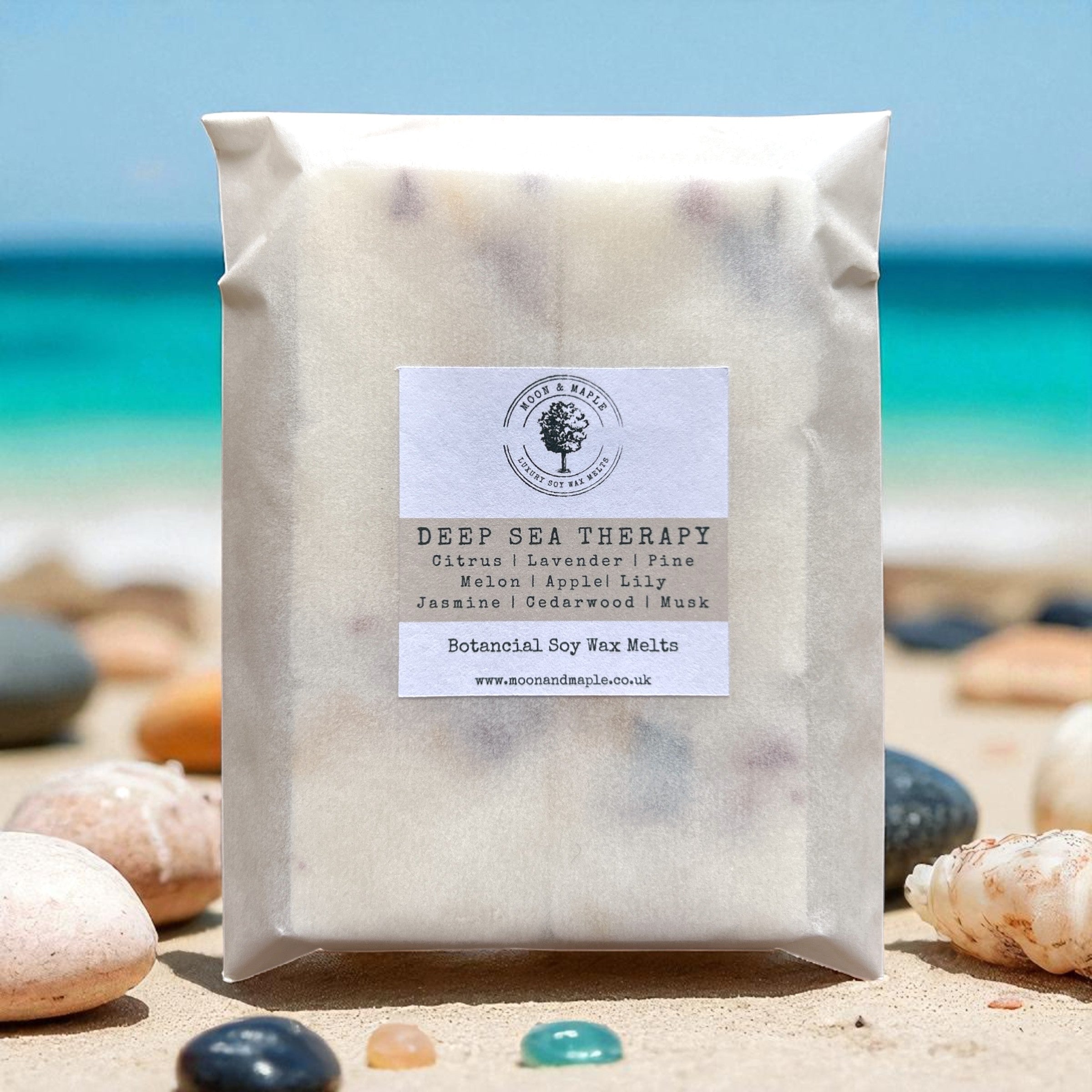 Pack of Deep Sea Therapy wax melts on a beach with ocean in the background
