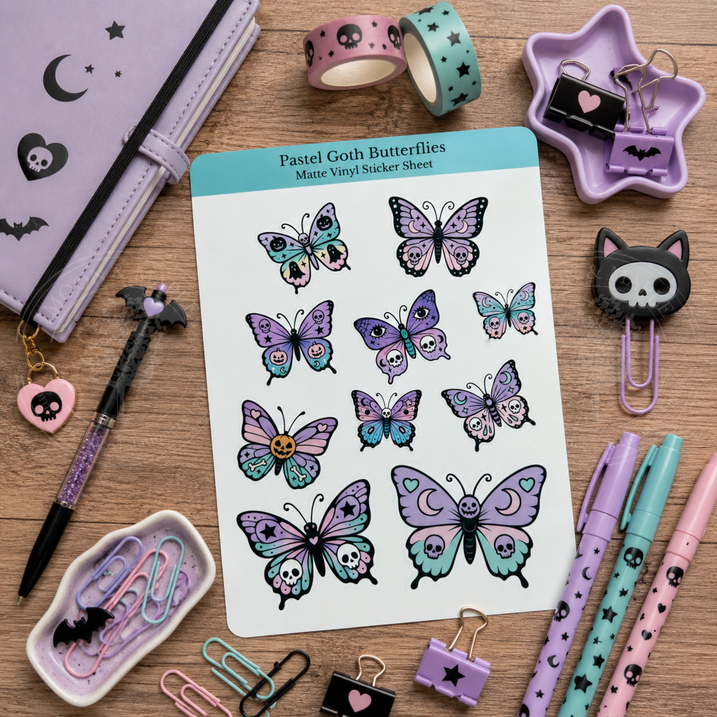 Sheet of pastel goth butterfly stickers with stationery items on a wooden surface