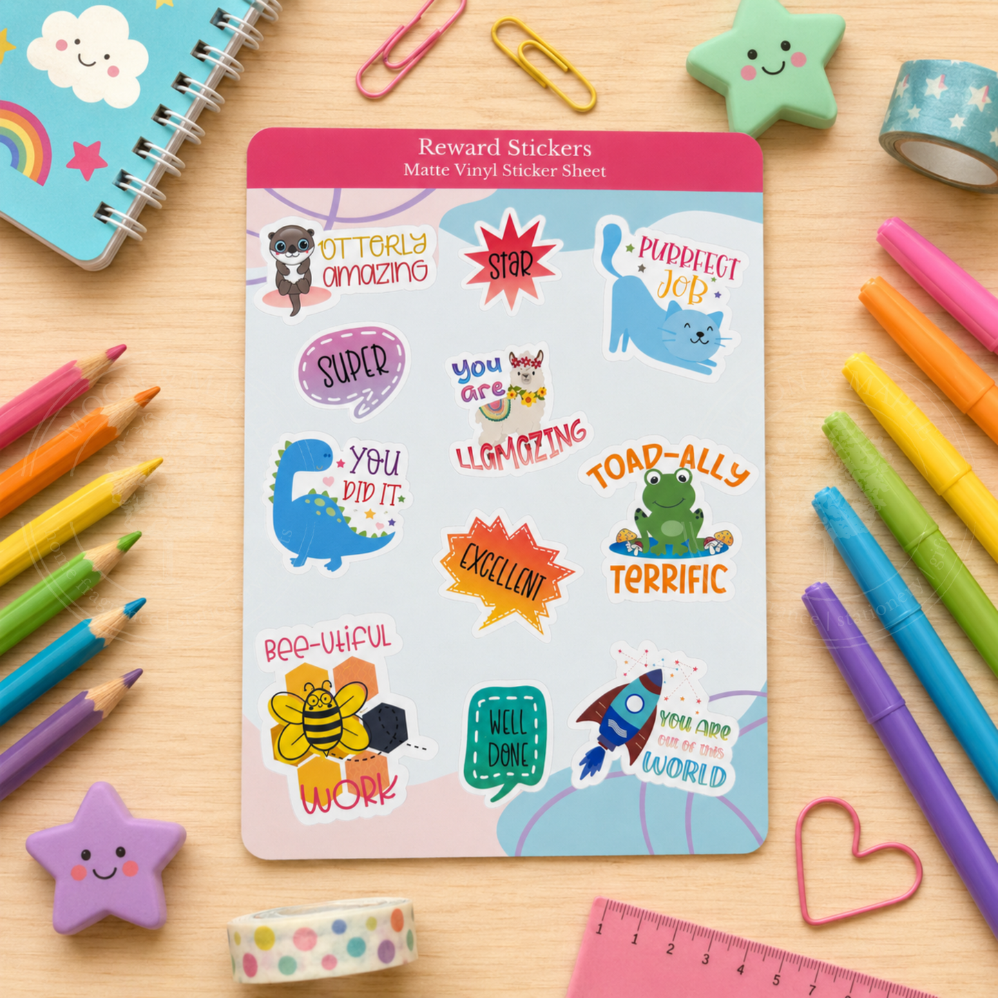 Pack of reward stickers with colorful stationery items on a wooden surface