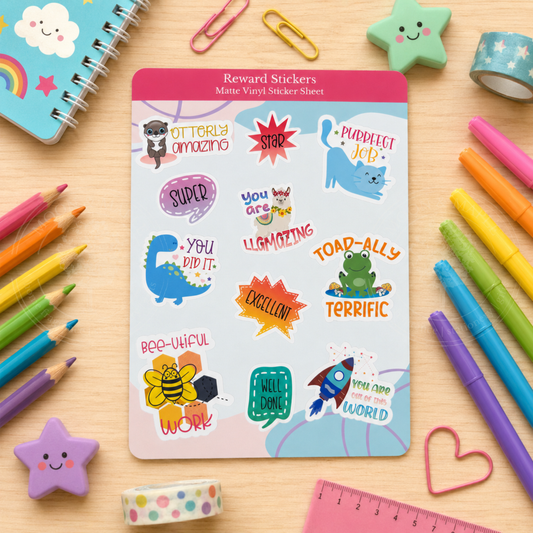 Pack of reward stickers with colorful stationery items on a wooden surface