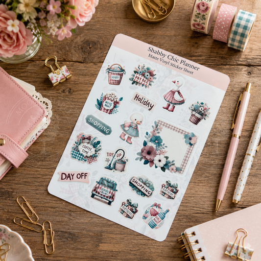 Sheet of decorative planner stickers on a wooden surface with stationery items.
