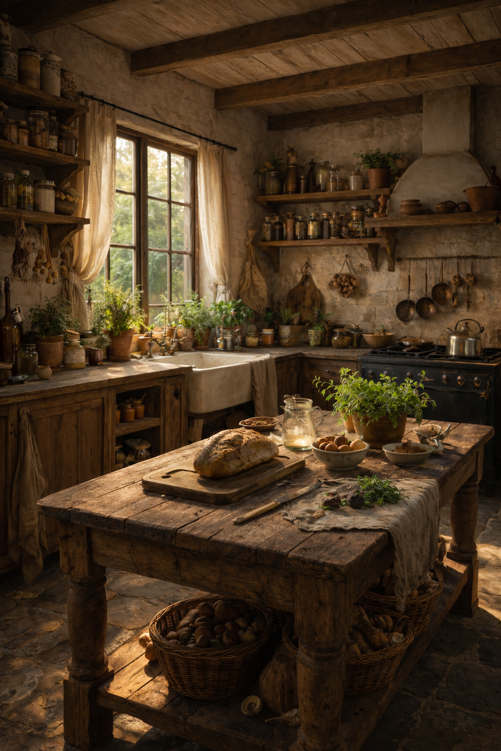 Cottage kitchen with wooden table, rustic decor, and natural light.