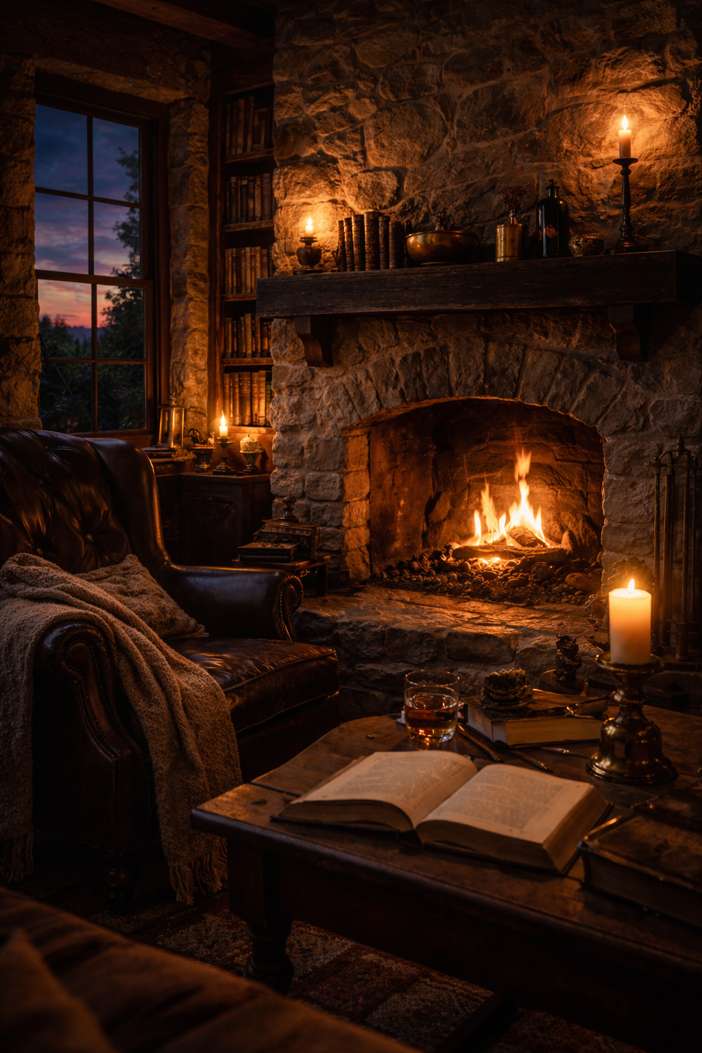 Cozy living room with stone fireplace, books, and candles