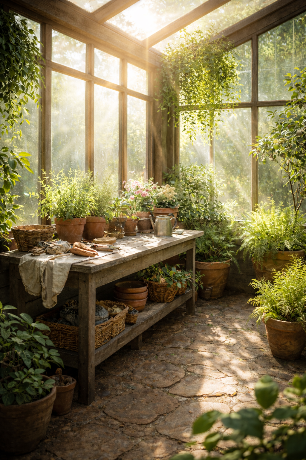 Sunlit greenhouse with wooden workbench and potted plants