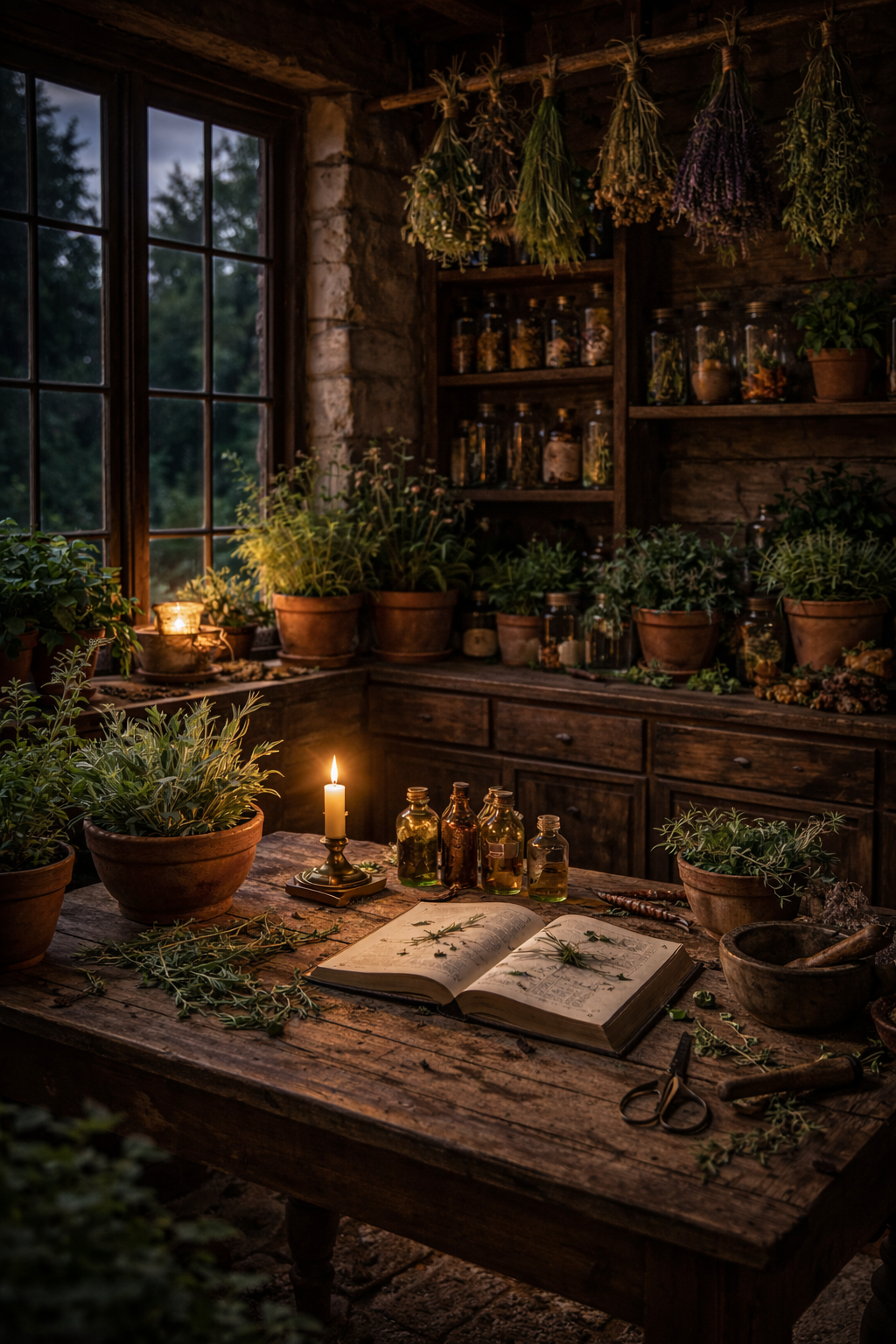 Herbology setup with plants, books, and bottles in a rustic room.