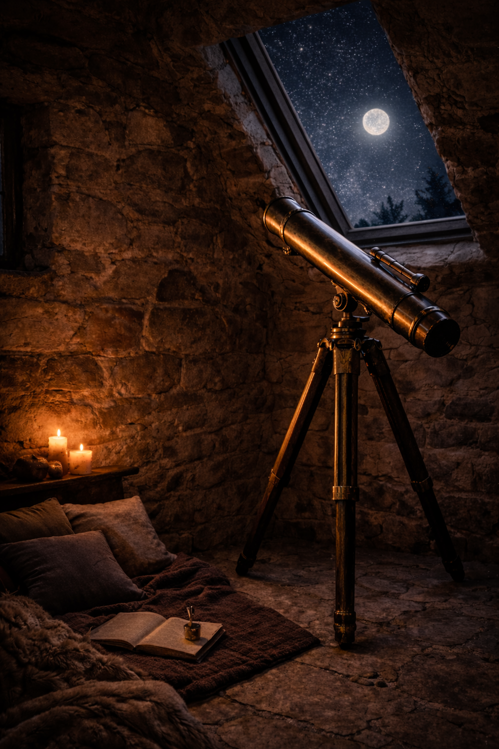 Telescope on a tripod in a room with candles and a window showing a night sky.