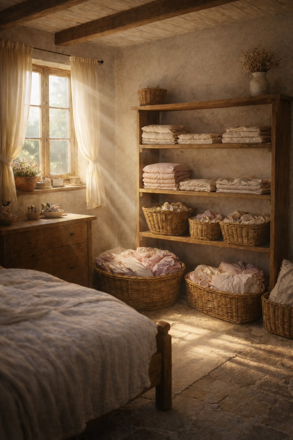 Cottage bedroom with wooden shelves, baskets, and a bed.