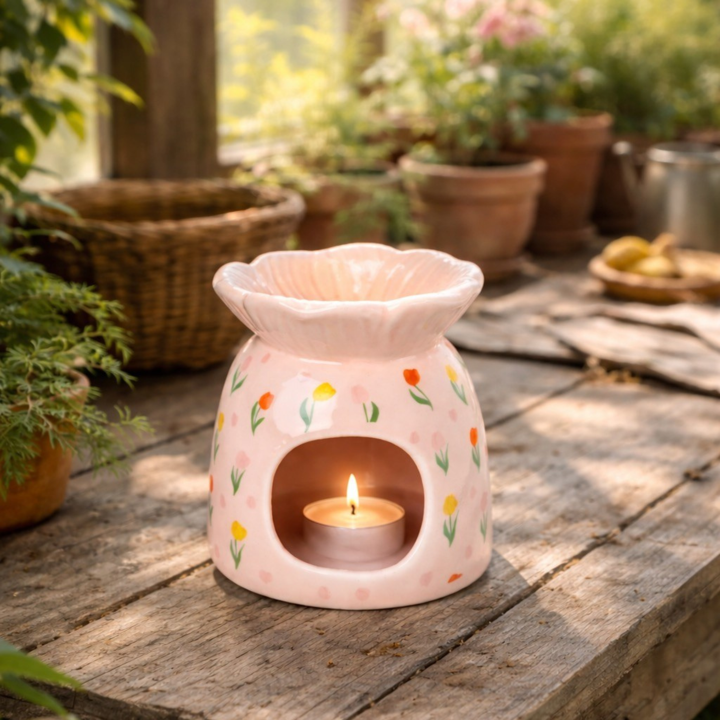 Pink floral-patterned wax warmer with a lit candle on a wooden surface