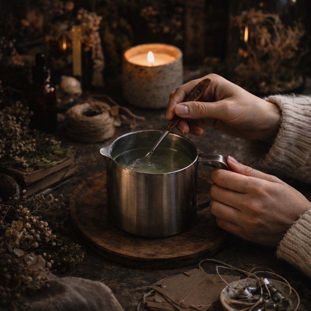 Person stirring a pot of liquid with a spoon in a cozy, dimly lit setting.
