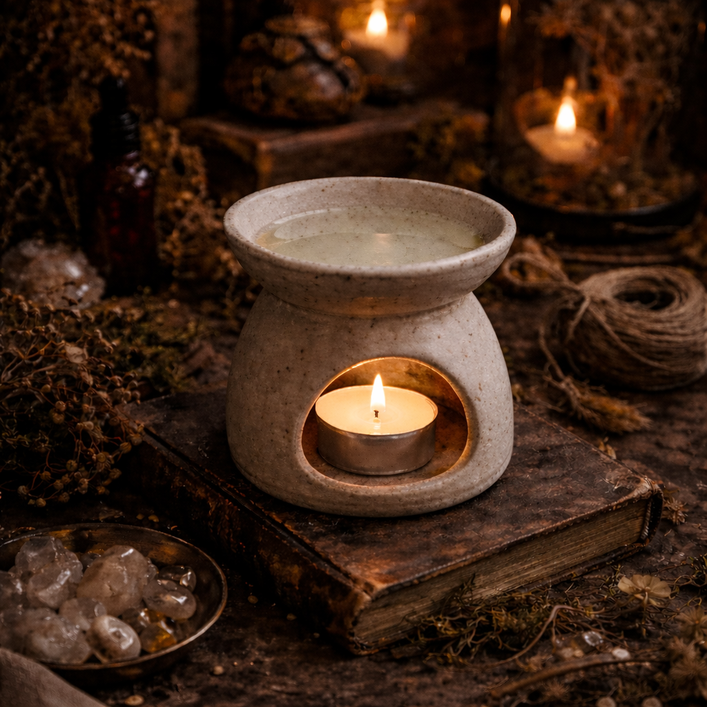 Ceramic oil burner with a lit candle on an old book, surrounded by crystals and natural elements.