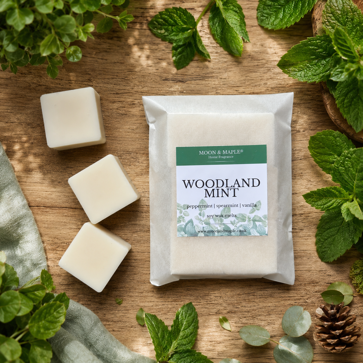Packaged wax melts with 'Woodland Mint' label on a wooden surface surrounded by mint leaves.